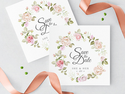 wedding invitation card with beautiful flowers leaves