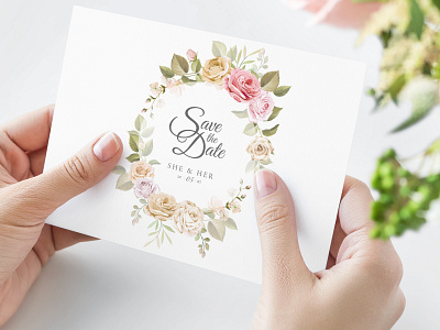 wedding invitation card with beautiful flowers leaves