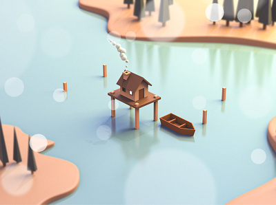 A house on the lake. 3d 3d art boat building house illustration isometric lake