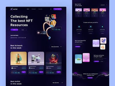 Xacter - NFT Resources Landing page 3d 3d illustration bitcoin crypto crypto currency cryptocurrency dark blue ethereum gradient home page landing page nft nfts tokens ui ux web web design website website design