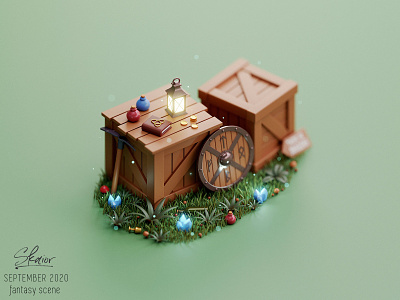 Magical fantasy diorama 3d modeling blender blender3d celtic knot coins crates crystals diorama futhark health potion illustration isometric lantern lowpoly mana potions norse runes viking shield