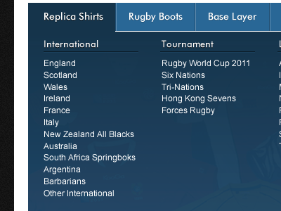 Navigation for a Rugby Shop blue dropdown nav navigation rugby shop sport transparent white