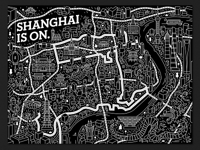 Shanghai is On. blackandwhite brand design design illustration lineart maps vector wimmelbild