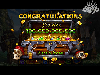 Congratulatory screen on the Pirates treasure slot game casino art casino design congratulations congratulatory congratulatory screen digital art gambling game art game design graphic design illustration pirates bonus game pirates casino slot pirates game pirates slot pirates symbols pirates themed screen screen design slot design