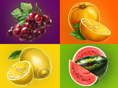 Slot fruits fresh fruits gambling game art game design grape graphic design orange slot design symbols watermelon