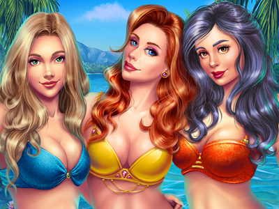 Beach girls beach bikini character design characters digital art game art game design girls graphic design slot design