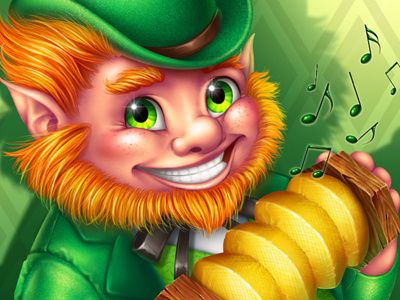 Leprechaun character character design digital art game art game design graphic design green harmonic leprechaun notes slot design