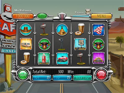 Slot machine for SALE – “Route 66” cadillac cafe car caravan coffee gas station hat mailbox road route