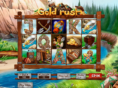 Slot machine for SALE – “Gold Rush” coins dynamite girl gold golden goldrush grass ingot kerosene lamp mine miner mountains pick river rush shovel stones