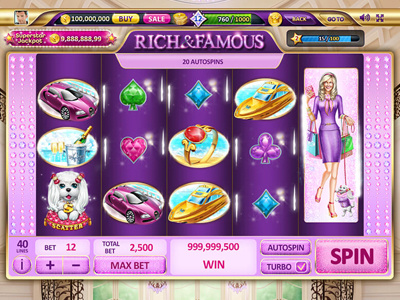 For SALE Slot machine - “Rich & Famous” gold hearts jewelry life luxury rich ring ruby sand shopping