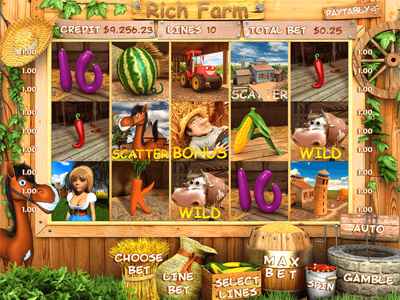 Slot machine for SALE – “Rich Farm” corn cow farm farmer horse pepper rich rooster sheep straw tractor watermelon