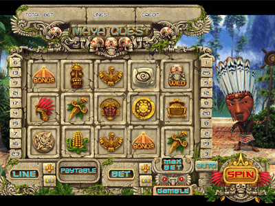 For SALE Slot machine – “Maya Quest” ancient chest coin mask maya pyramid quest shaman skulls smoke statue torches