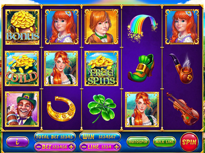 Slot machine for SALE – “Leprechaun” boot cauldron clover coins girl leprechaun pot rainbow shoe tale tobacco pipe violin.