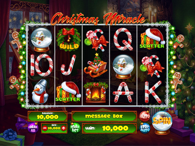 Slot machine for SALE – “Christmas Miracle” bells candles candy christmas tree christmas wreath fireplace gift hat hearth sledge snowman toy ball