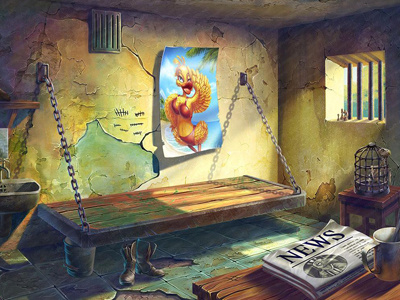 Background illustration for online slot game - Prison Escape bars bird camera escape feathers handcuffs keys lattice lock poster prison room