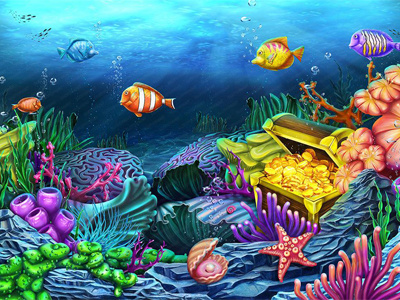 Illustration for online Slot - Undersea box chest clams depth fish mermaid ocean octopus rod fish sea ship underwater