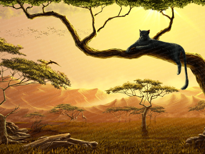 Illustration of main background for online Slot Machine africa cats hunting jungle lion lioness nature pantera puma savannah wild