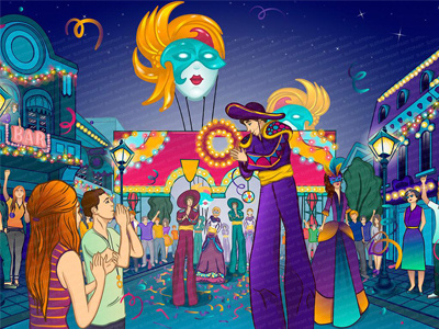 Background illustration for the online slot chaplet cocktail crown cup feather harlequin hat heraldic holidays ice lamp post lily mania mardi gras masks musician orange people saxophone steamship
