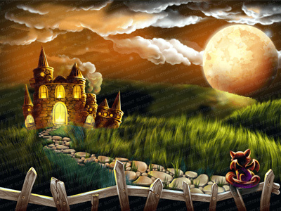 Illustration for slot game - Background book broom cat demoness emblem fire fortune freaks halloween holidays moon night pot potion pumpkin ribbon skull werewolf wings witch