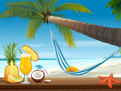 Slot Game Main Illustration adventures ananas bell cherry cocktail coconut fruits gold grape hat lemon melon orange paradise plum seven sunglasses tropic tropical watermelon