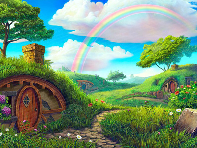 Background Image - online slot "Irish Luckyland" boot boy cauldron clover coins girl horseshoe jug leprechaun pipe pot rainbow shoe tale tobacco pipe violin woman