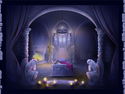 Background Illustration for casino online slot "Vampires" book castle cat dark dracula frankenstein horror mystic night prayer scary silver skulls tombstones vampire vampires