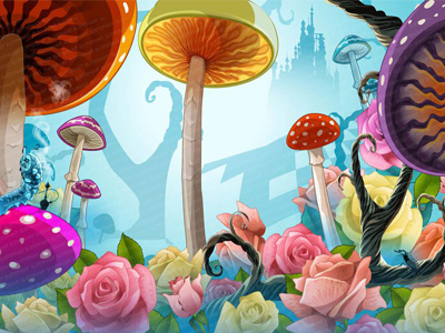 Main Image of the slot game "Wonderland" alice bottle brave caps cards casino game casino slot castle cat flowers game design mushrooms roses tales