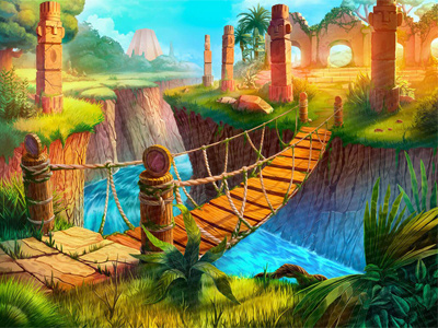 Bridge - Main Background of the Slot game abysm abyss background bridge illustrations maya river slot design slot game tribe tribes