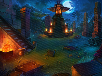 Sacrificial Totem - Slot Game Background abysm abyss background fire flame illustrations maya mayan sacrifice slot design slot game statues temple totem tribe tribes