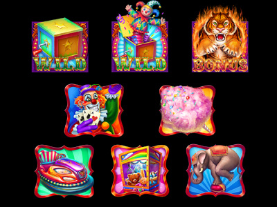 Set of slot symbols on Circus Theme art background characters design digital art gambling game art game design graphic design icons illustration objects slot design slot machine slot machines symbols