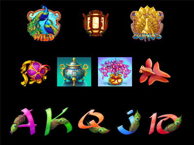 Set of slot symbols of the Oriental Themed slot casino china chinese digital art gambling game art game design graphic design online oriental peacock slot design slot machine slot machines symbol symbols