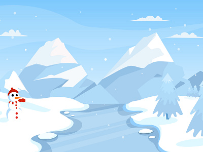 Cold winter snow mountain scenery with snowman cold freeillustration holiday illustration ui illustration vector winter winterscene