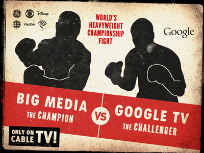 Google TV vs. Big Media illustration poster vintage