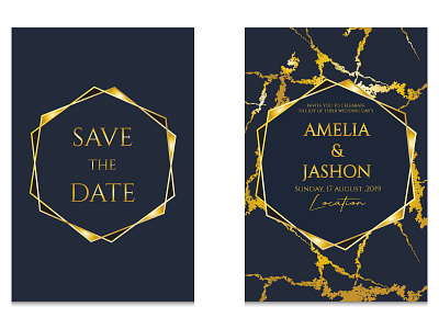 Wedding invitation cards with gold and marble texture. vector.