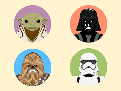 Star Wars - Avatars avatar design avatars chewbacca darthvader design flat design illustration flat avatar illustrator star wars stormtrooper yoda