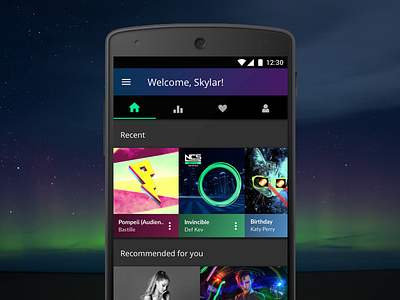Music App Homepage Stream android aurora dark gradient homepage material design mobile music natural nexus sketch stream