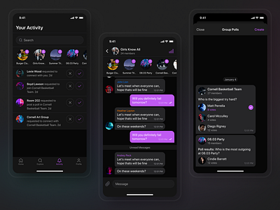 👍 Group Stat - Social Media App app design cute dark dark app dark mode dark theme dark ui interface ios iphone simple ui visual design