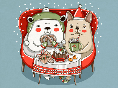 Christmas Friends animal animal illustration bear bear illustration christmas christmas party cozy cute cute animal cute art design digital art dog dog illustration drawing illustration painting vector winter