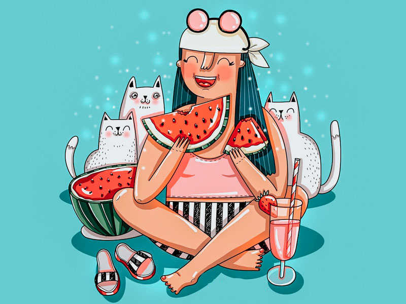Watermelon summer party summer fruits watermelon woman portrait cat woman illustration girl illustration girl character cute animal animal illustration animal vector painting design illustration drawing digital art cute art cute