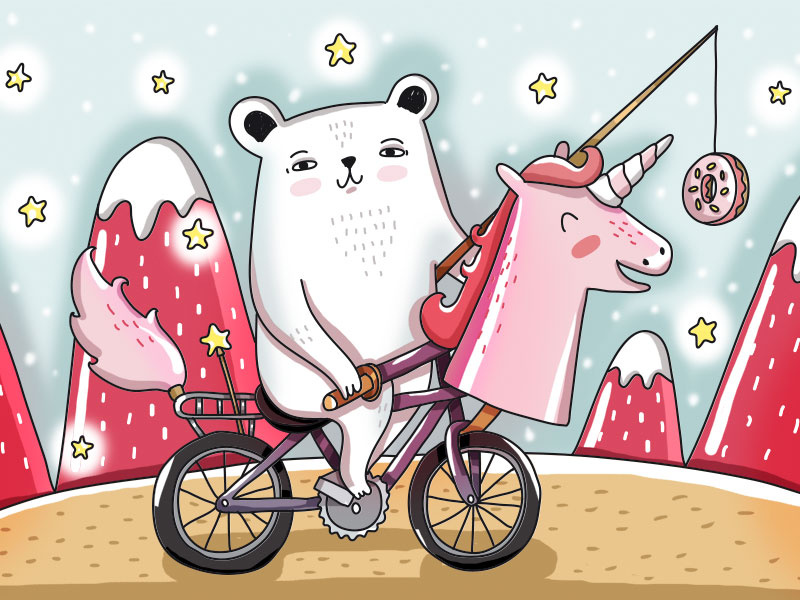 Tamed Unicorn pink adventure bicycle magic unicorn bear cute animal animal illustration animal vector painting design illustration drawing digital art cute art cute