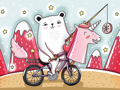 Tamed Unicorn adventure animal animal illustration bear bicycle cute cute animal cute art design digital art drawing illustration magic painting pink unicorn vector