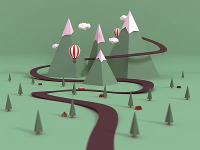 Low Poly Landscape 3d 3d art ballons blender car landscape lowpoly lowpolyart mountains road trees