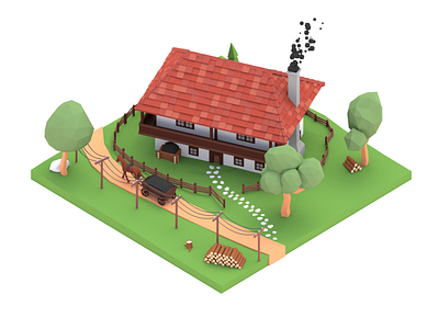 Low Poly Old village house 3d 3d art blender blender3d horse house lowpoly lowpolyart road smoke stone trees