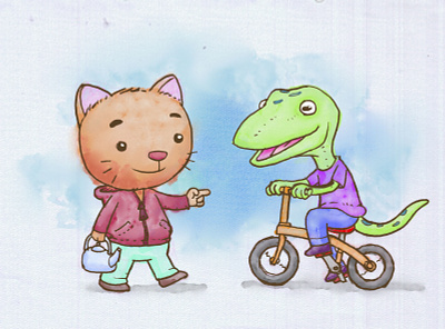 Cat and Lizard animals anthropomorphism cartoons chibi digitalpainting illustration krita watercolor