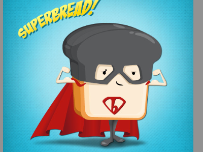 Look! Up on top of the fridge! It's.. it's.. SUPERBREAD! illustration mascot superhero