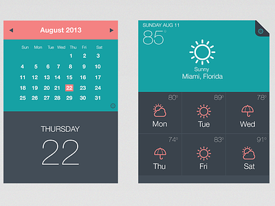 UI Kit - Calendar - Weather App/Widget calendar clean coral flat design green simple temperature typography ui elements user interface weather weather icons