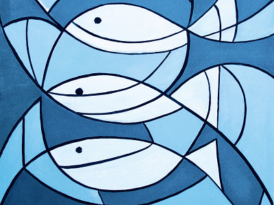 Fjord Life artwork blue and white branding canvas print cubism cubist design fish geometric geometric art icon illustration illustrations lineart minimalism ocean life oil on canvas oil painting simplistic water