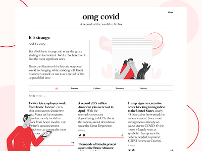 Omg covid. covid covid19 illustration landing page monochrome news newspaper red typography ui web web design