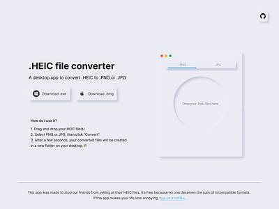 Neumorphism .Heic converter, download the app! app converter download files converter github heic landing page neumorphism ui website