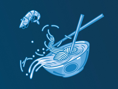 the flying shrimp blue chines soup illustration noodle shrimp